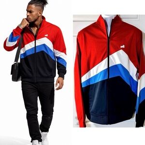 AKOO Retro Colorblock Chevron Track Jacket Red White Blue Black Streetwear~L💛